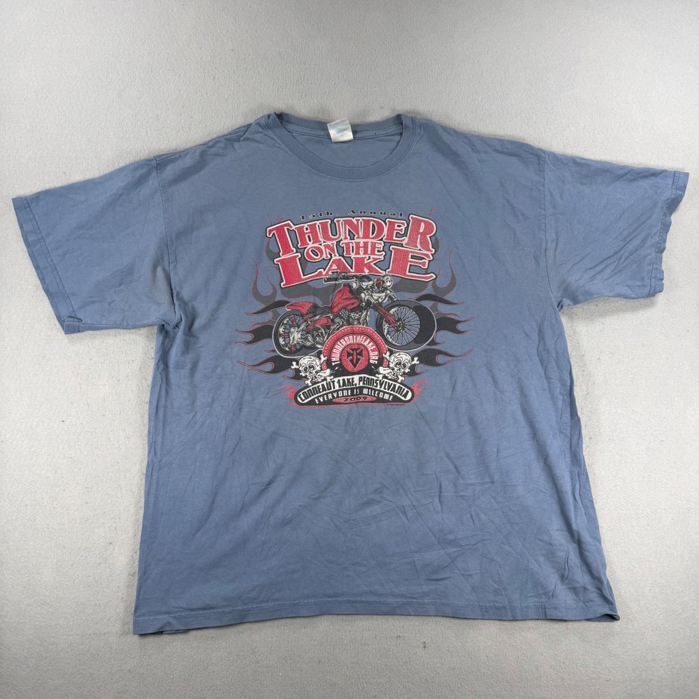 Gildan Thunder on the Lake 2009 Motorcycle T-Shirt Mens XL Blue Conneaut Lake PA